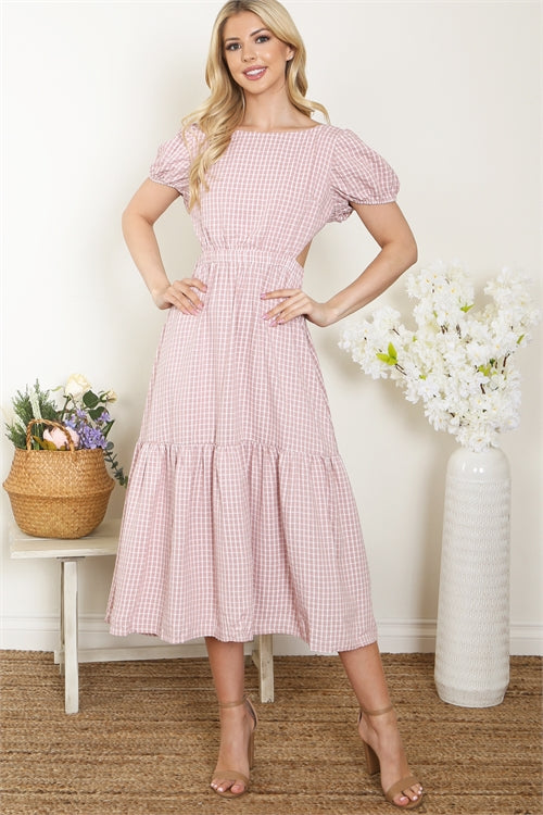 DUSTY PINK SQUARE PATTERN MIDI DRESS