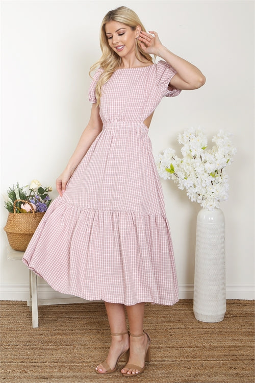 DUSTY PINK SQUARE PATTERN MIDI DRESS