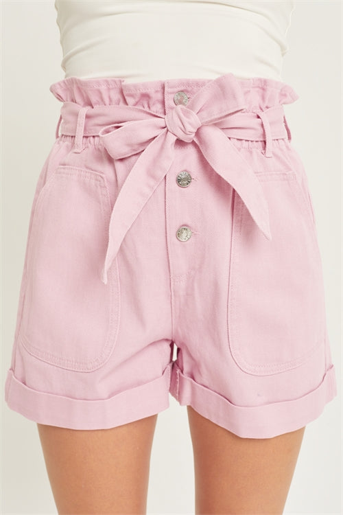 BELTED PAPERBAG DENIM SHORTS