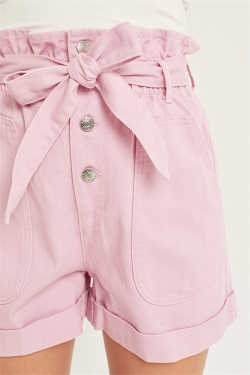 BELTED PAPERBAG DENIM SHORTS