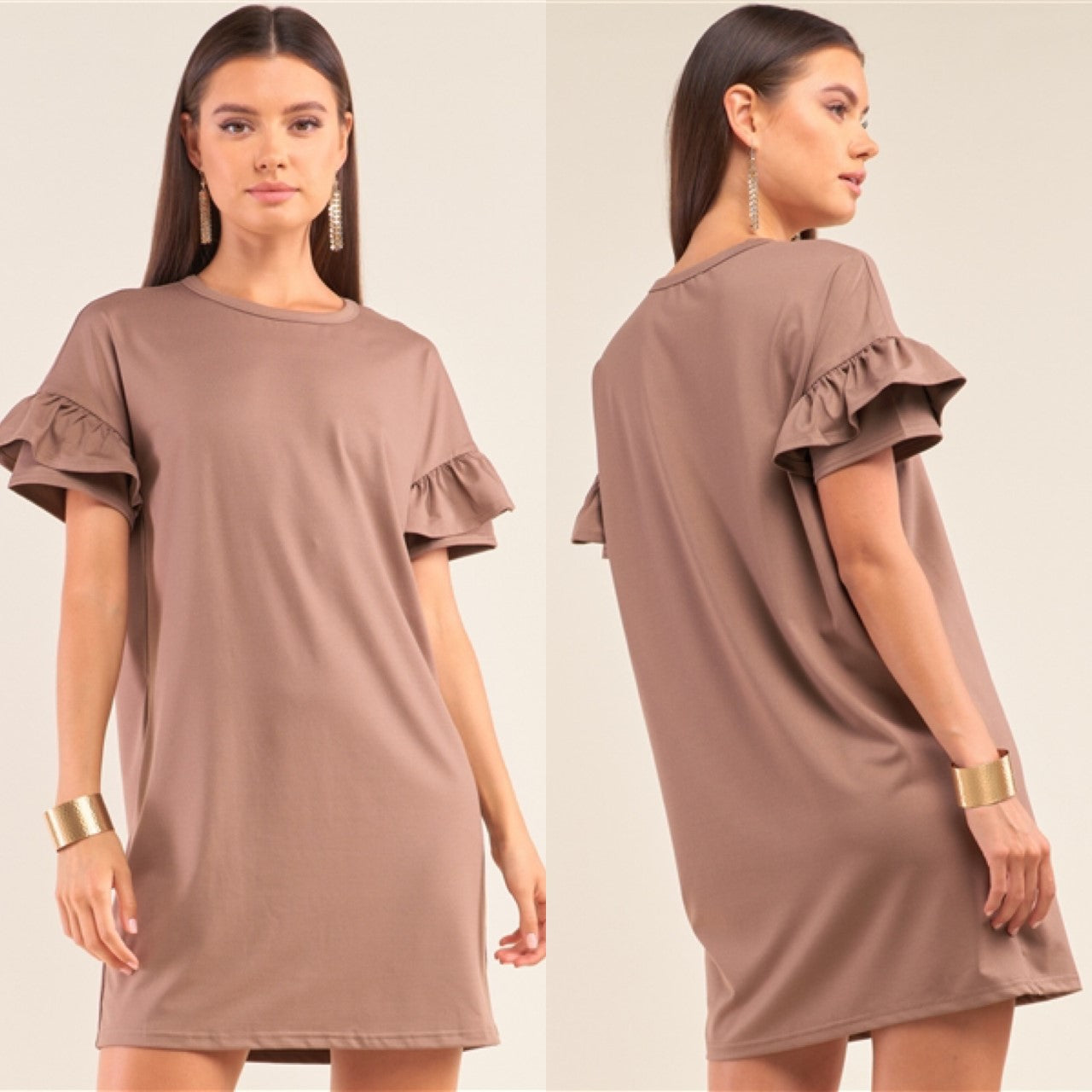 Mocha Rufled Sleeves Dress